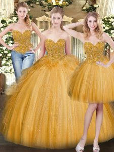 Excellent Gold Lace Up Sweetheart Beading and Ruffles Sweet 16 Dress Tulle Sleeveless