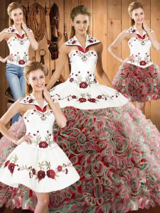 Dramatic Lace Up Sweet 16 Quinceanera Dress Multi-color for Military Ball and Sweet 16 and Quinceanera with Embroidery Sweep Train
