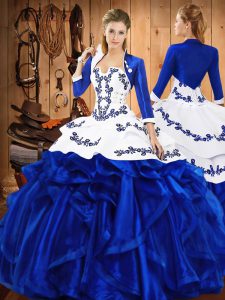 Deluxe Blue Lace Up Strapless Embroidery and Ruffles Vestidos de Quinceanera Satin and Organza Sleeveless