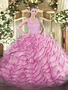 Unique Rose Pink Sleeveless Brush Train Ruffled Layers Sweet 16 Quinceanera Dress