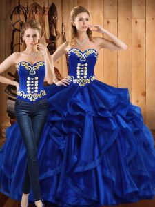 Chic Sleeveless Floor Length Embroidery and Ruffles Lace Up Quinceanera Gowns with Royal Blue