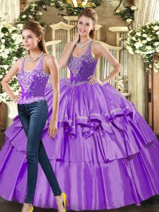 Gorgeous Straps Sleeveless Sweet 16 Quinceanera Dress Floor Length Ruffled Layers Eggplant Purple Organza