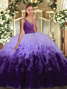 High End V-neck Sleeveless Backless Sweet 16 Dress Multi-color Organza