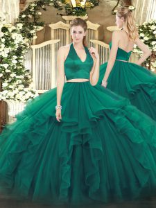 Sleeveless Floor Length Ruffles Zipper Quinceanera Dress with Dark Green