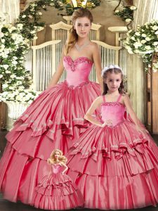 Watermelon Red Ball Gowns Organza Sweetheart Sleeveless Ruffled Layers Floor Length Lace Up 15 Quinceanera Dress