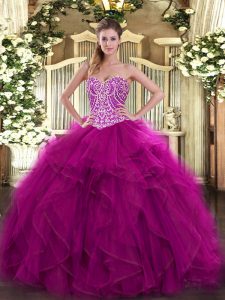 Fancy Fuchsia Ball Gowns Organza Sweetheart Sleeveless Beading and Ruffles Floor Length Lace Up Quinceanera Dresses