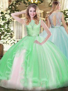 Apple Green Organza Backless Quinceanera Gowns Sleeveless Floor Length Lace and Ruffles