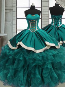 Teal Organza Lace Up Sweetheart Sleeveless Floor Length 15 Quinceanera Dress Beading and Ruffles