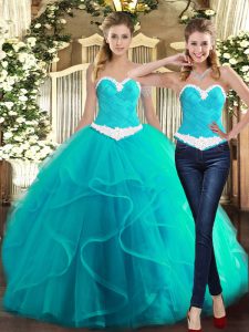 Shining Turquoise Sweetheart Lace Up Ruffles Quinceanera Gowns Sleeveless