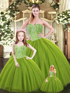 Custom Made Olive Green Vestidos de Quinceanera Military Ball and Sweet 16 and Quinceanera with Beading Sweetheart Sleeveless Lace Up