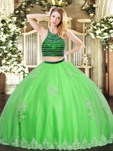Customized Green Sweet 16 Dresses Military Ball and Sweet 16 and Quinceanera with Beading and Appliques Halter Top Sleeveless Zipper