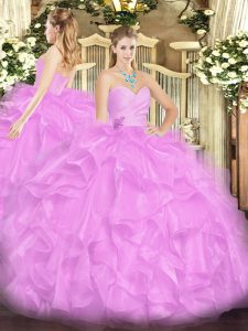 Flare Lilac Ball Gowns Sweetheart Sleeveless Organza Floor Length Lace Up Beading and Ruffles Sweet 16 Dress