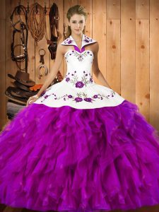 Fuchsia Lace Up Halter Top Embroidery and Ruffles Quinceanera Gown Satin and Organza Sleeveless