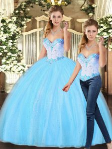 Amazing Baby Blue Ball Gown Prom Dress Military Ball and Sweet 16 and Quinceanera with Beading Sweetheart Sleeveless Lace Up