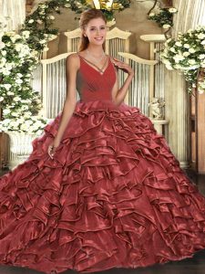 Super Backless Sweet 16 Dress Rust Red for Military Ball and Sweet 16 and Quinceanera with Ruffles Sweep Train