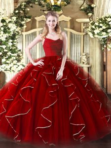 Stylish Wine Red Straps Zipper Ruffles Quinceanera Gowns Sleeveless