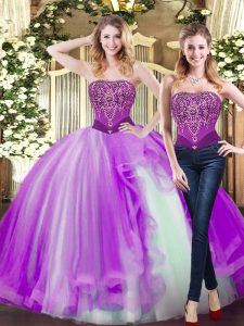 Superior Eggplant Purple Tulle Lace Up Strapless Sleeveless Floor Length Vestidos de Quinceanera Beading and Ruffles
