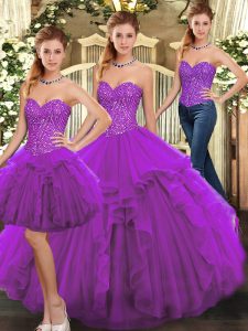 Purple Organza Lace Up Sweetheart Sleeveless Floor Length Quince Ball Gowns Ruffles