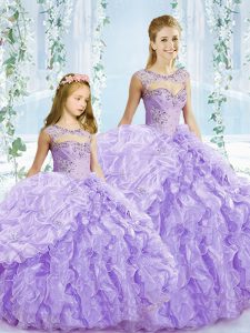 Charming Floor Length Lavender Quinceanera Gown Organza Sleeveless Beading and Ruffles