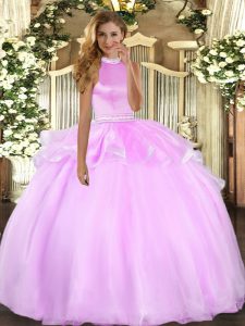 Floor Length Backless Quince Ball Gowns Lilac for Military Ball and Sweet 16 and Quinceanera with Beading and Ruffles