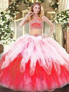 Sweet Multi-color Two Pieces High-neck Sleeveless Tulle Floor Length Backless Beading and Ruffles Quince Ball Gowns