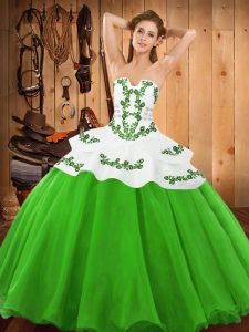 Perfect Floor Length Lace Up Quince Ball Gowns Green for Military Ball and Sweet 16 and Quinceanera with Embroidery