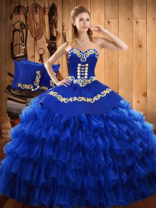 Blue Sleeveless Floor Length Embroidery and Ruffled Layers Lace Up Quinceanera Dresses