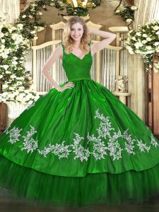Green Ball Gowns Taffeta Straps Sleeveless Beading and Lace and Appliques Floor Length Backless 15 Quinceanera Dress