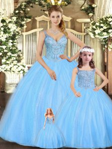 Enchanting Turquoise Lace Up Ball Gown Prom Dress Beading Sleeveless Floor Length