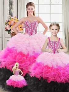 Sweetheart Sleeveless Quinceanera Dress Floor Length Beading and Ruffles Multi-color Organza