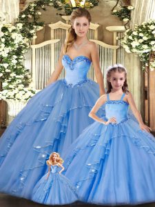 Fabulous Organza Sweetheart Sleeveless Lace Up Beading and Ruffles Sweet 16 Dresses in Baby Blue