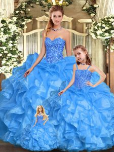 Sexy Sleeveless Floor Length Beading and Ruffles Lace Up Ball Gown Prom Dress with Baby Blue