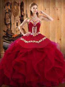 Burgundy Ball Gowns Sweetheart Sleeveless Organza Floor Length Lace Up Embroidery and Ruffles Ball Gown Prom Dress