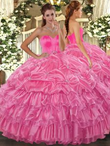Fantastic Rose Pink Ball Gowns Beading and Ruffled Layers Quinceanera Gown Lace Up Organza Sleeveless Floor Length