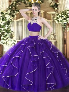 New Arrival Purple Two Pieces High-neck Sleeveless Tulle Floor Length Backless Beading and Ruffles 15th Birthday Dress