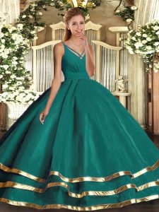 Simple Turquoise Tulle Backless V-neck Sleeveless Floor Length Quince Ball Gowns Ruching