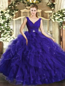 Colorful Purple Tulle Backless Quinceanera Dress Sleeveless Floor Length Beading and Ruffles