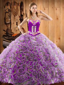 Sleeveless Satin and Fabric With Rolling Flowers With Train Sweep Train Lace Up Sweet 16 Quinceanera Dress in Multi-color with Embroidery