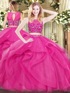 Hot Pink Zipper Vestidos de Quinceanera Beading and Ruffles Sleeveless Floor Length