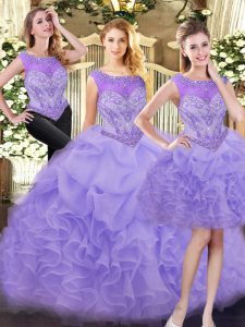 Most Popular Floor Length Zipper Sweet 16 Dress Lavender for Military Ball and Sweet 16 and Quinceanera with Beading and Ruffles