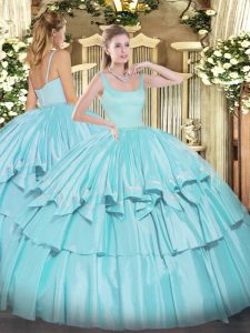 High Class Straps Sleeveless Sweet 16 Dresses Floor Length Beading and Ruffled Layers Aqua Blue Organza and Taffeta