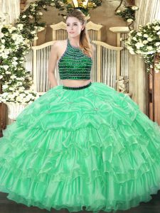 Apple Green Organza Zipper Halter Top Sleeveless Floor Length Quince Ball Gowns Beading and Ruffled Layers