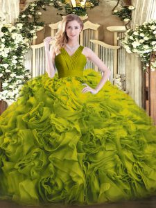Sleeveless Floor Length Ruffles Zipper Quinceanera Dresses with Olive Green