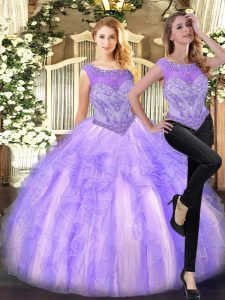 Lilac Tulle Zipper Sweet 16 Dress Sleeveless Floor Length Beading and Ruffles