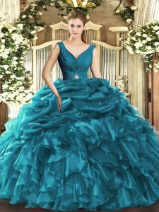 Teal Ball Gowns Beading and Ruffles Sweet 16 Quinceanera Dress Backless Organza Sleeveless Floor Length