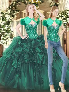 Dark Green Sleeveless Beading and Ruffles Floor Length Quinceanera Gowns with Headpieces