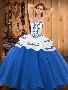 Adorable Strapless Sleeveless Lace Up Quinceanera Gown Blue Satin and Organza