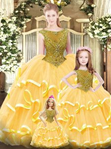 Floor Length Lace Up Quinceanera Gowns Gold for Military Ball and Sweet 16 and Quinceanera with Beading and Ruffled Layers