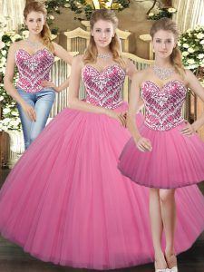 Rose Pink Sleeveless Floor Length Beading Lace Up Sweet 16 Dress
