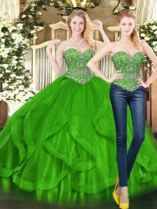 Best Green Sleeveless Floor Length Beading and Ruffles Lace Up 15 Quinceanera Dress